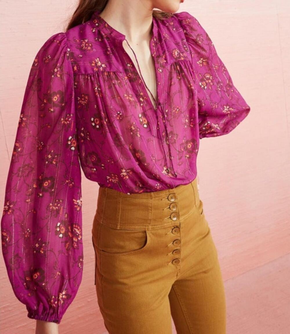 Ulla Johnson Silk Blend Blouse Size 6 Purple Floral Metallic Tie Neck NWOT